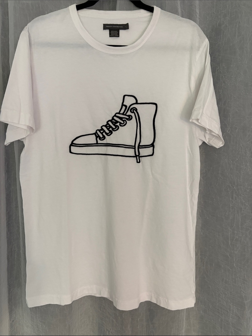 French Connection White Tee with Black Sneaker Outline